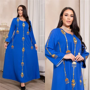 2022 Women Muslim Blue Robes New Long Sleeve Embroidery Clothes Abaya Dubai Women Long Muslim Dresses Formal Party Clothing