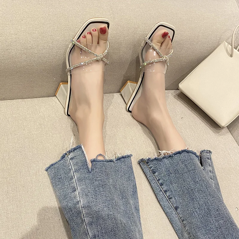 

Shoes Med Square heel Ladies' Slippers Glitter Slides Slipers Women Fashion Transparent Heel Rubber Flip Flops Block Jelly 2021