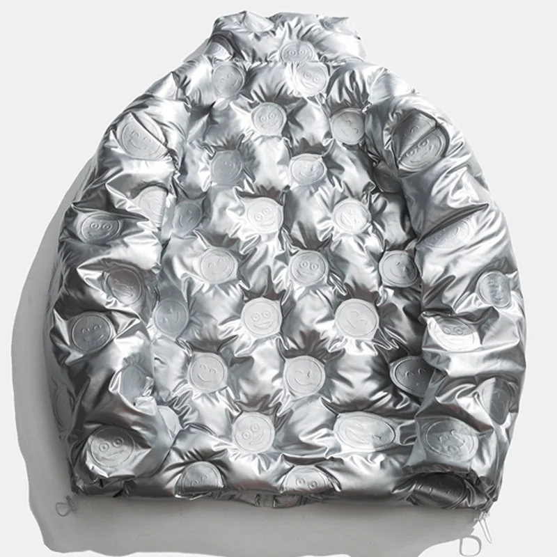 Aolamegs Parkas Jacket Men Solid Funny Embossing Zipper Silver Coats Winter Baggy Warm Hip Hop Hipster Cool Thick Outwear Couple