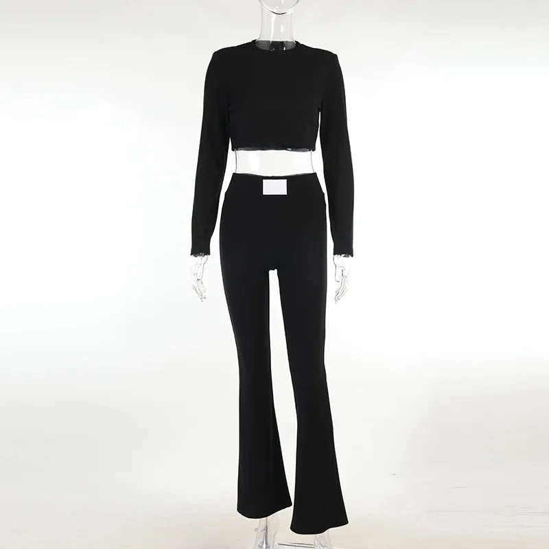 

Elegant Two Piece Set Pant Women's Casual Sport Suit Casual Short Crop Top Wide Leg Pants Suits 2021 Autumn Flared Trousers Sets