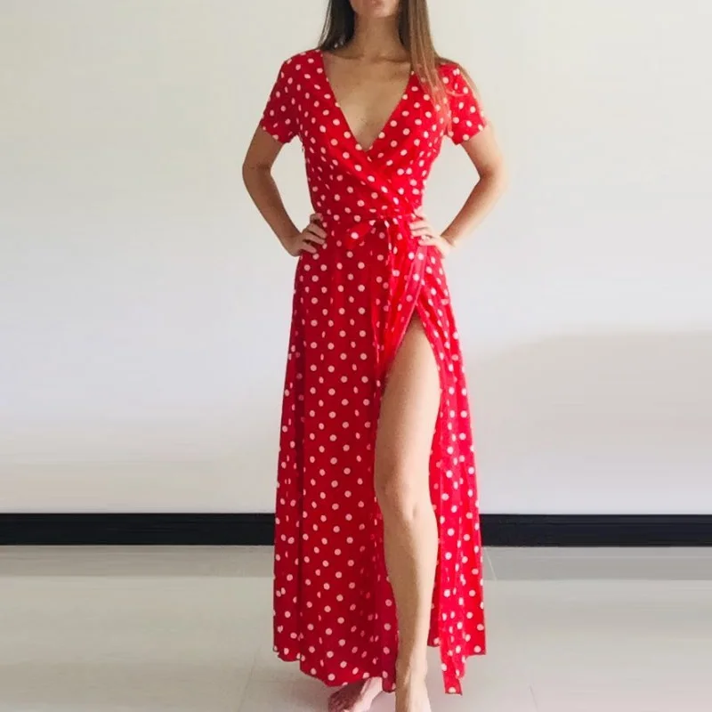 Женское длинное пляжное платье в горошек с v-образным вырезом и эластичной