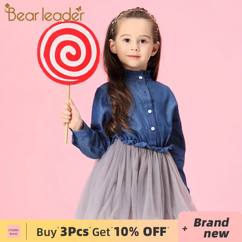 

Bear Leader Girls Dresses 2022 New Summer Fashion Princess Cowboy Stitching Voile Denim Dresses Girls Clothing For 3-7Y