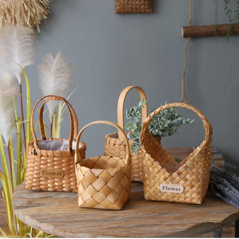 Cestas de flores de madera para jardín, cestas de flores de estilo bolso, artesanías tejidas hechas a mano de madera, cestas de flores de mesa para decoración del hogar