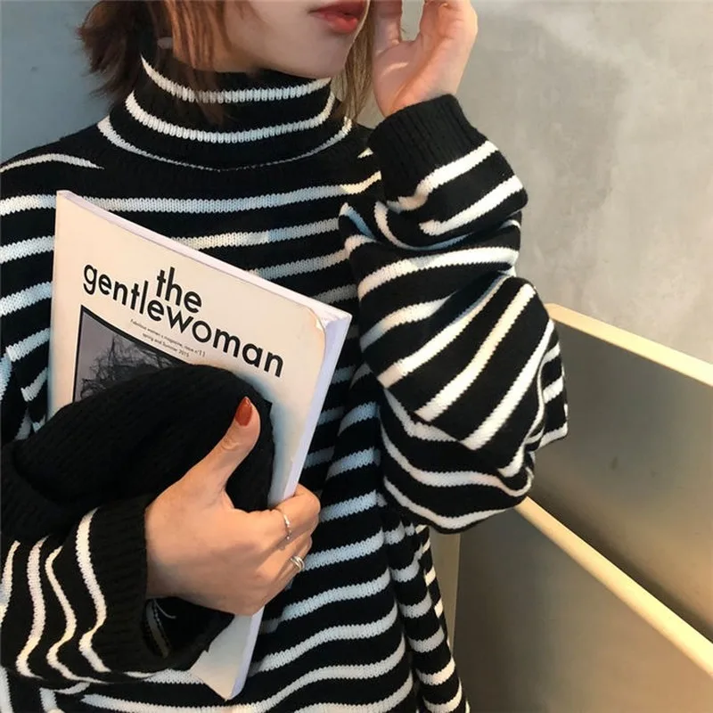 

Women Pullovers Sweater Turtleneck Striped Long Sleeve Harajuku Females Leisure Chic Loose Elegant Knitted Warm All-match Soft
