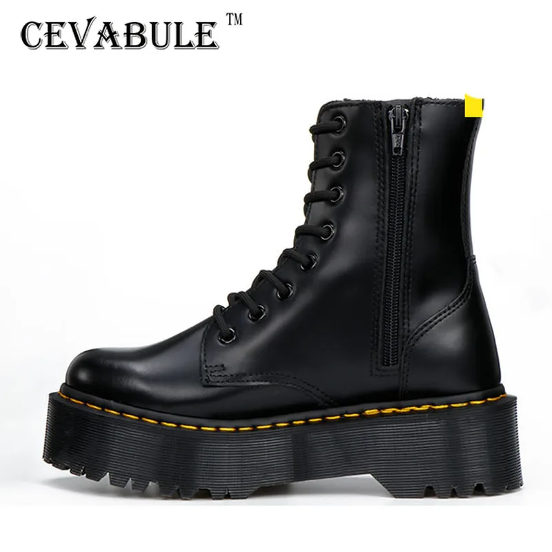 CEVABULE Women Martin Boots Genunie Leather Thick Heel Platfrom Martin Boots Boots Women Side Zipper Boots Leather Boots