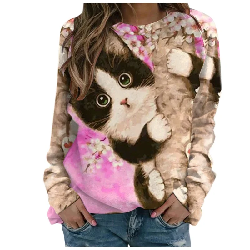 

Autumn and Winter New Loose Long-sleeved Top Cat Print Sweater Fashion Casual Women's Loose Top Plus Size S-3XL