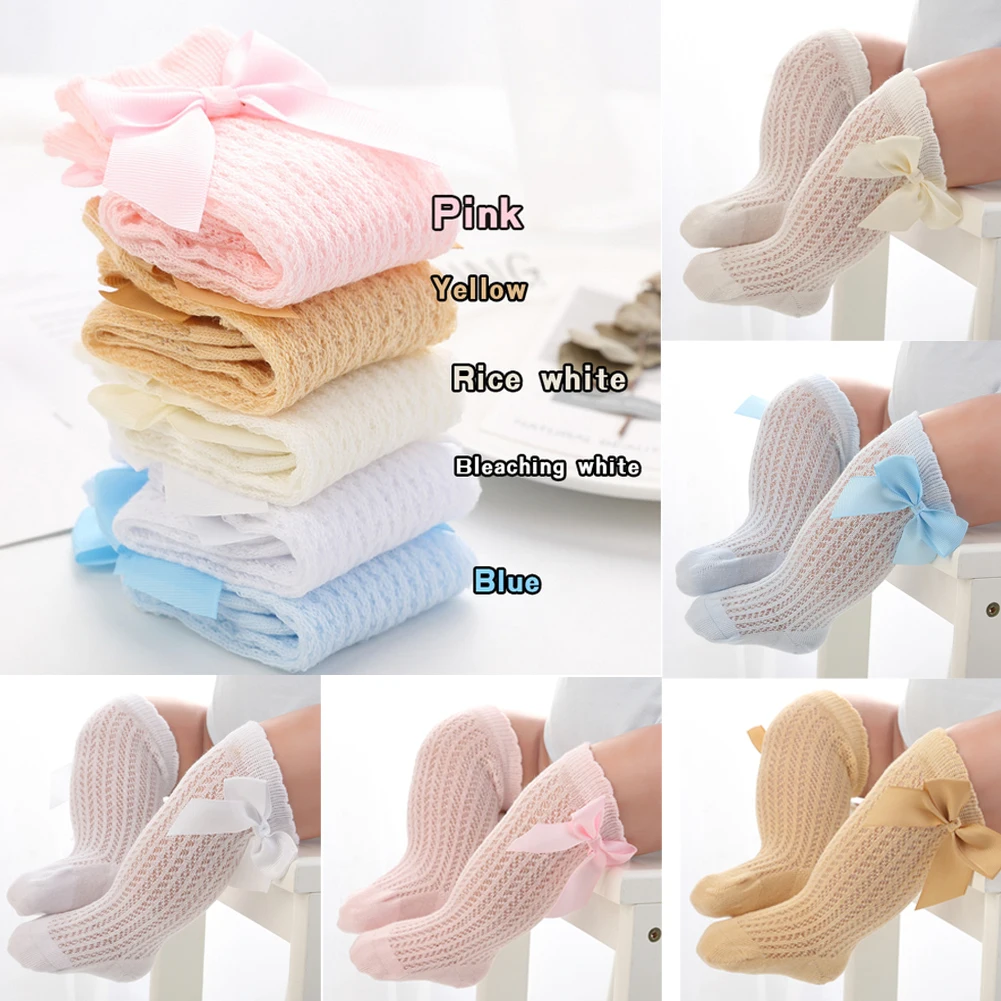 

2021 Newborn Baby Girls Socks Summer Spring Mesh Socks Kids Bow Knee High Long Tube Sock Sokken Princess Infant Baby Socks