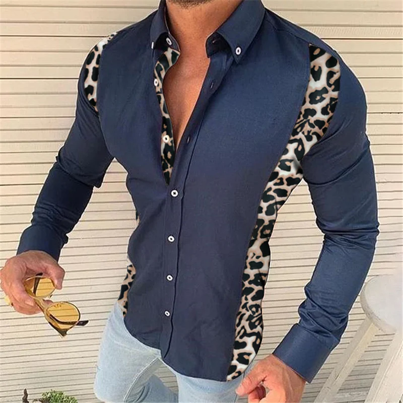 

Autumn Men's Casual Slim Top Simple Long Sleeve Printed Leopard Shirt Harajuku Long Sleeve Male Button Shirts