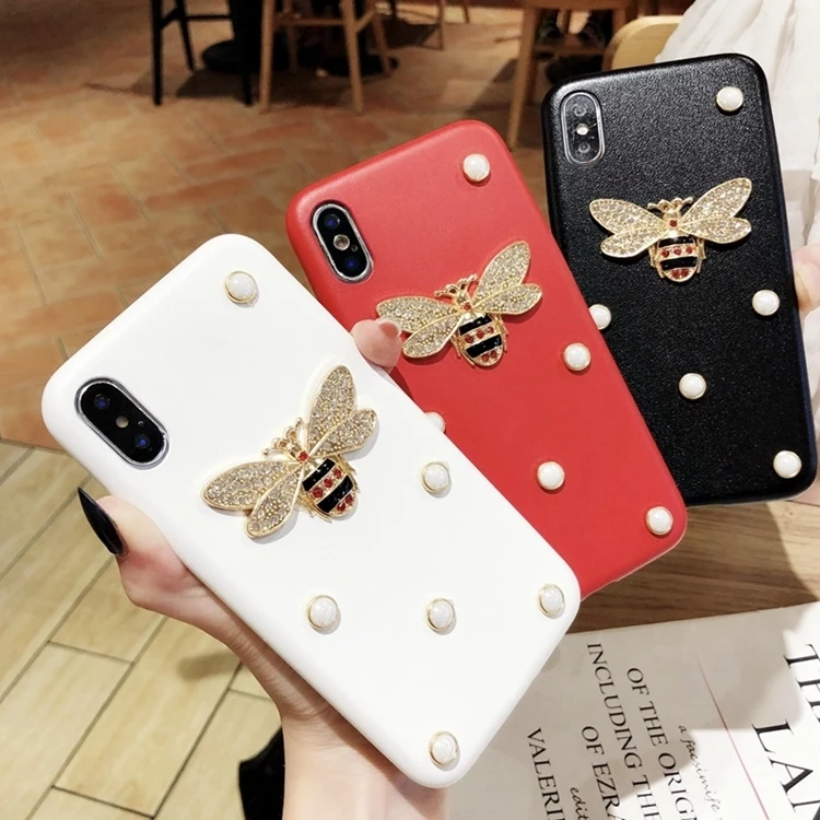 Роскошный кожаный мягкий чехол для телефона для iphone 7 чехол 3D мода алмаз пчела жемчуг Классический чехол для iphone 6 6s 7 8 plus X XR XS Max