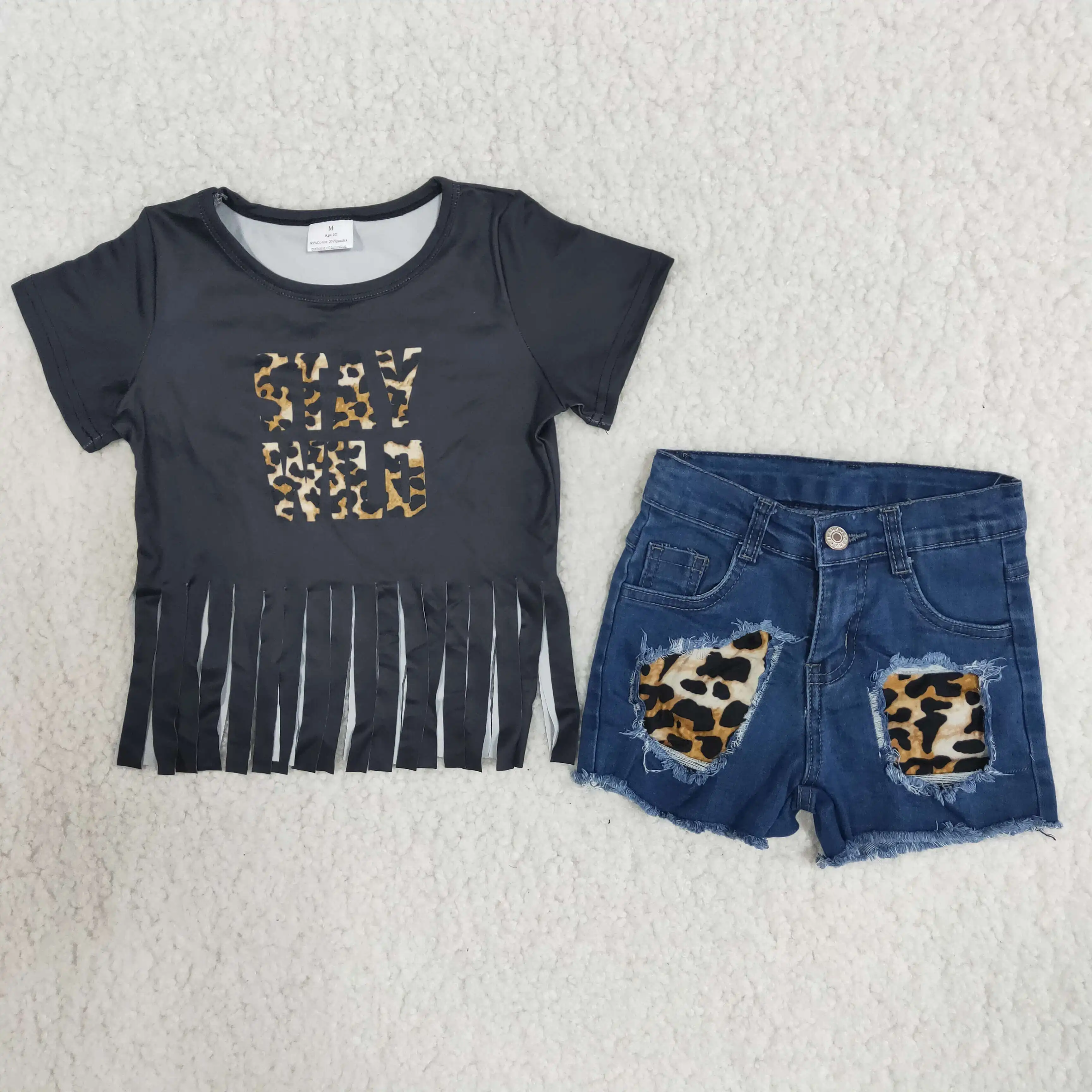 

Toddler Girls Outfits Set Black T-Shirt Tassel Jeans Denim Shorts Pants For Summer Casual Kids Wear