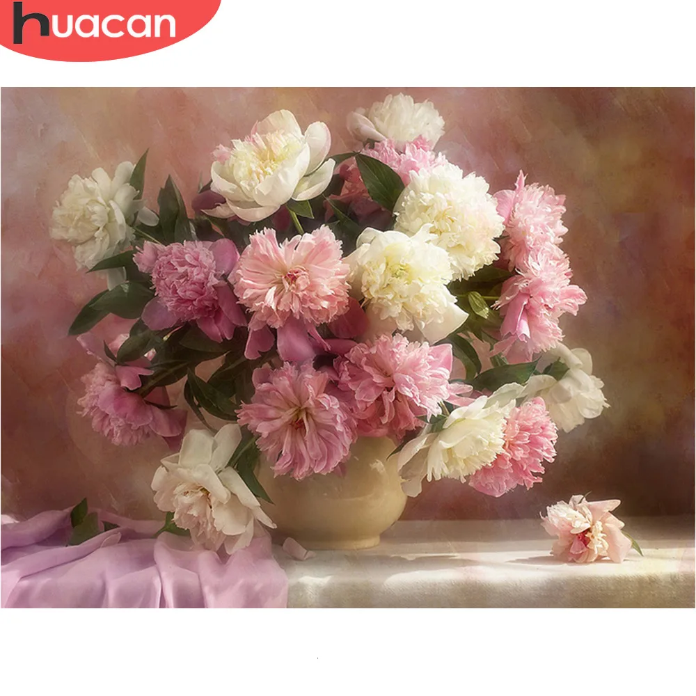 Huacan розовая Алмазная мозаика с пионами домашний декор 3D живопись стразы