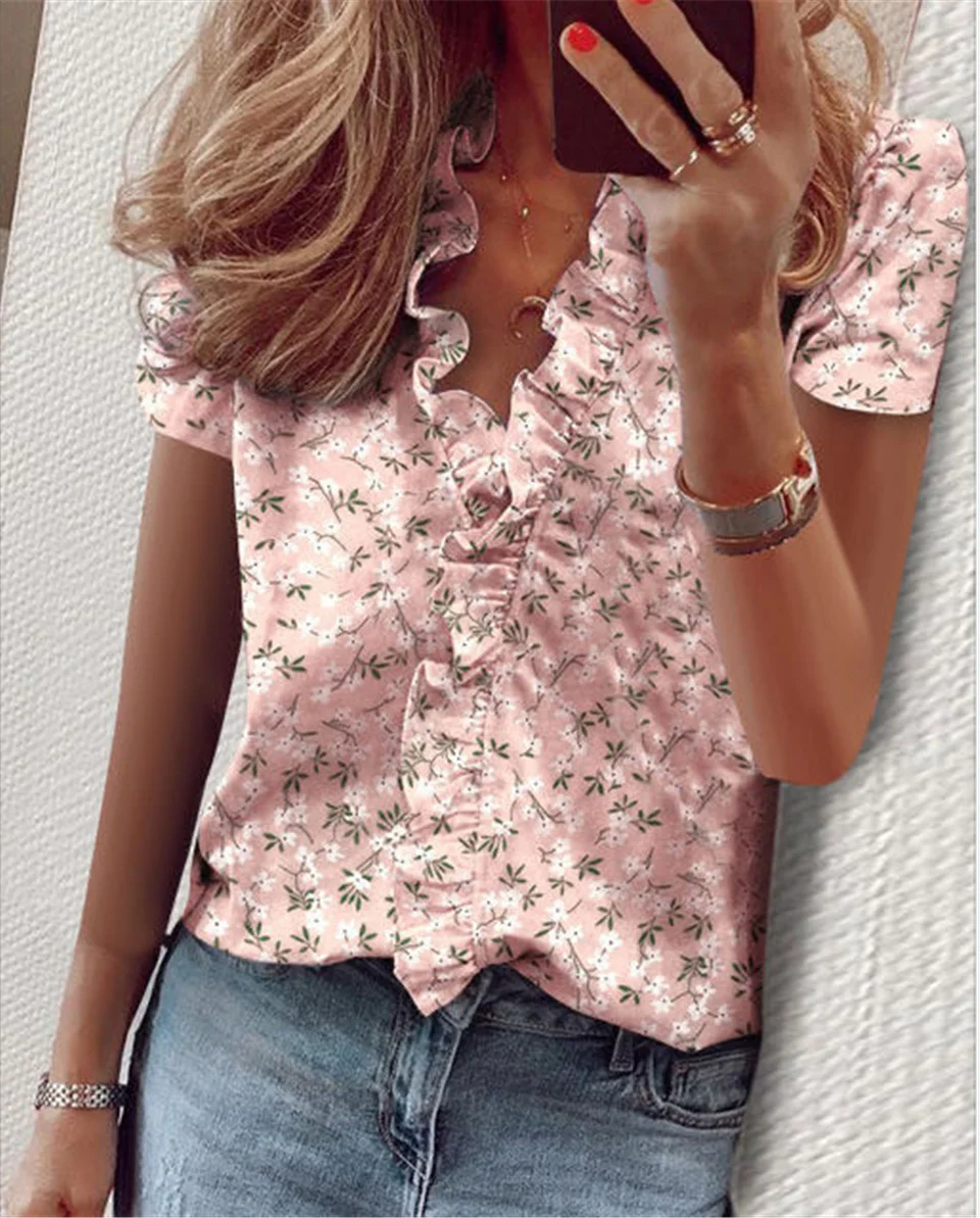 

New Fashion Summer Tops Ladies Blouse Short Sleeves Office Lady Women's Clothing V-Neck Solid Ruffles Casual Print Female Shirt