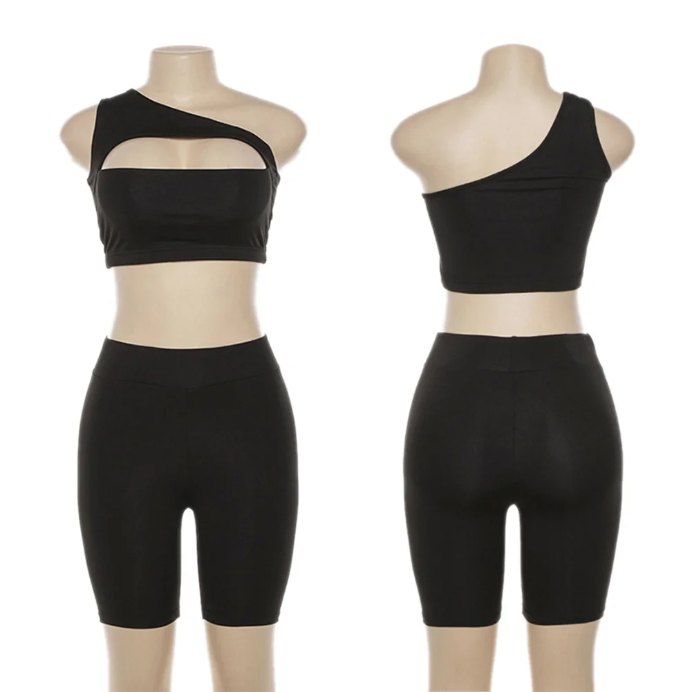 

Two Piece Set 2020 Summer Women Sexy Neon Orange One Shoulder Cut Out Crop Tops Elastic High Waist Shorts Sets Gym Outwear