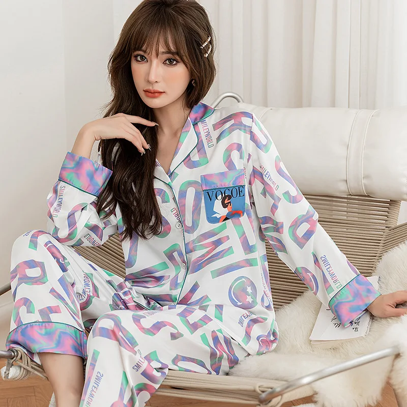 

QSROCIO 2022 High Quality Women's Pajamas Set Fashion Luxury Gradient Letter Print Sleepwear Silk Like Homewear V Neck Nightwear