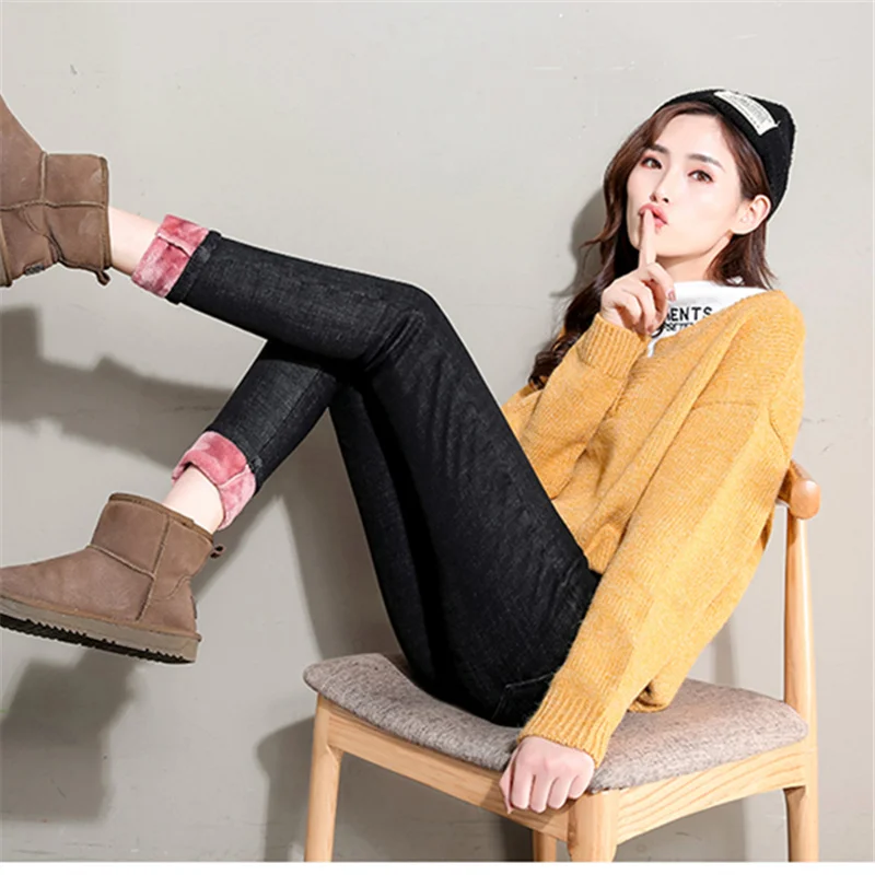 Новые зимние плотные флисовые джинсы для женщин облегающие бархатные теплые