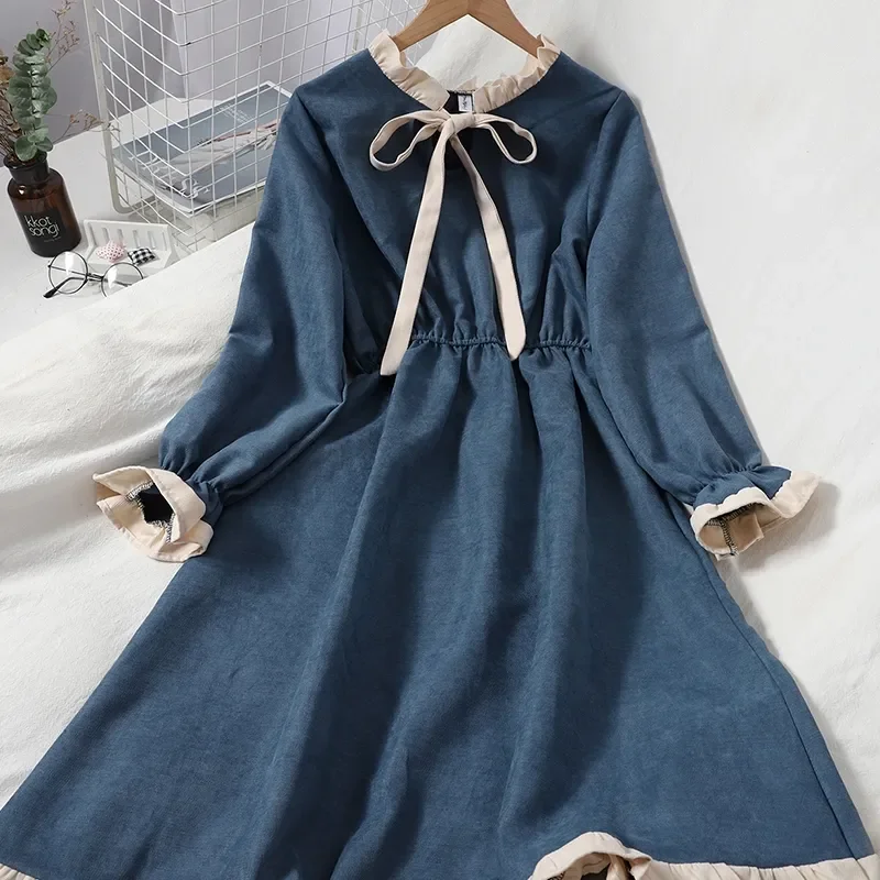 

Korean Women'S Elegant Ruffled Retro Long-Sleeved Mid-Length Dress In Spring And Autumn Chic And Sweet Kawaii Ladies Dress