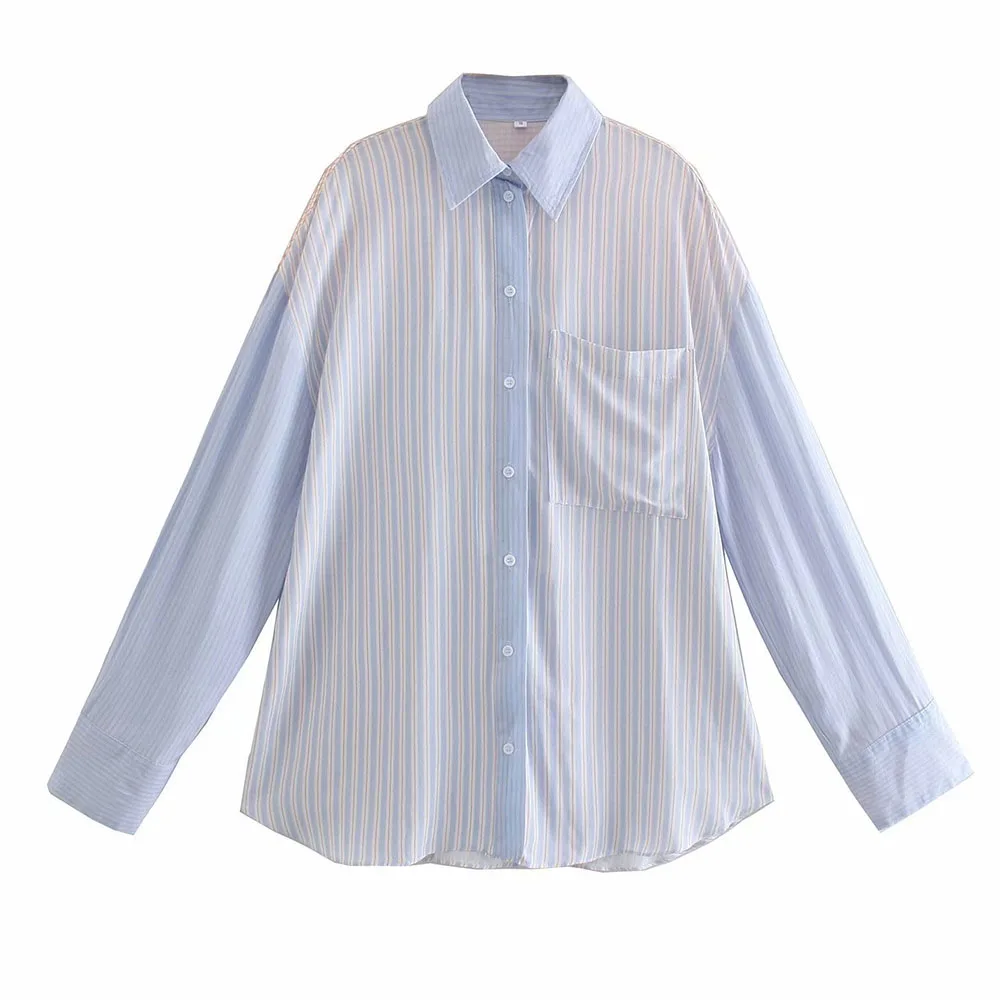 

Женская блузка в полоску ZA, Прямая рубашка в европейском и американском стиле, с длинными рукавами и карманами, лето 2021