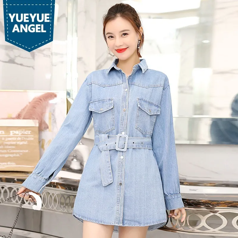 

Turn Down Collar Single Breasted Sashes Elegant Womens Denim Shirts Fashion Casual Medium Length Loose Blusas Mujer Streetwear
