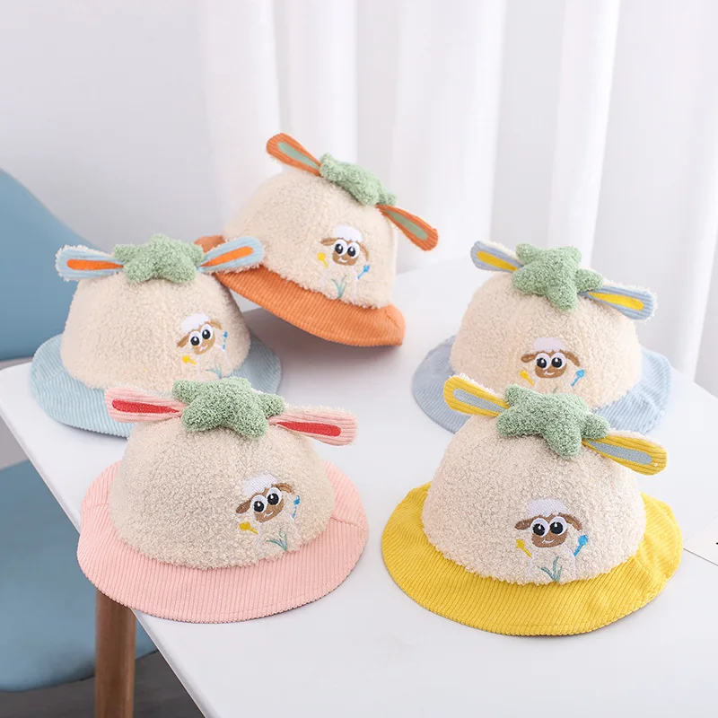 

Autumn Winter Keep Warm Pure Cotton Velvet Children's Hats Boys Girls Cute Little Sheep Design Hat Outdoor Shading 5 Colors