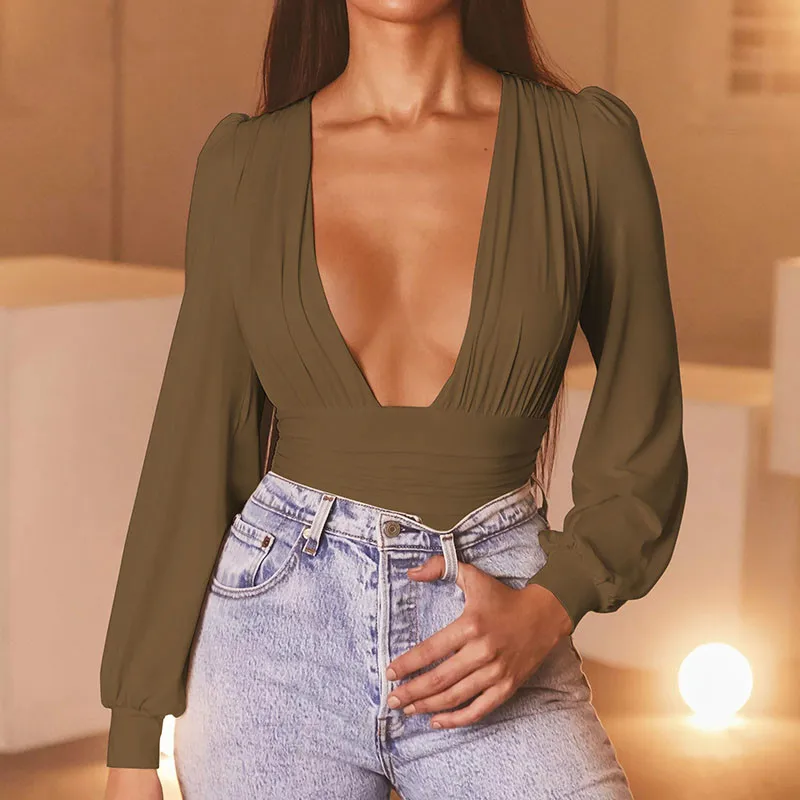 Articat Black Deep V Neck Bodysuit Women Sexy Puff Sleeve Bodycon Jumpsuit Solid Elastic Casual Party Winter Bodysuits Body Tops