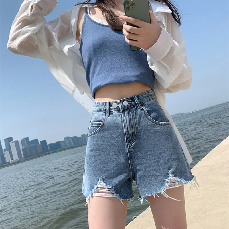 

2021Woman Jeans Shorts Ripped Clothes High Waisted 2021 Summer Streetwear Baggy Wide Leg Vintage Fashion The New Blue Pants