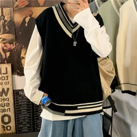 mens printed sleeveless sweater vest korean fashion loose harajuku streetwear knitted couple sweater vest retro v neck vest