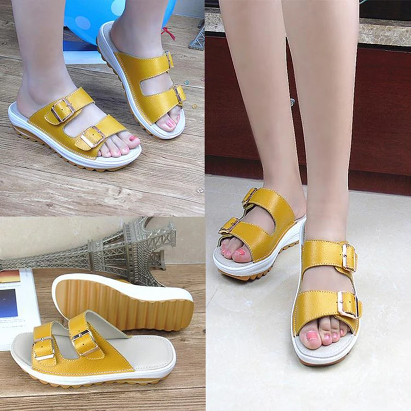 

Cevablue Sandals Leather Wedge Slippers Bottom Large Size Non-slip Casual Peep Toe Sandals Comfortable Women's Slippers CQY