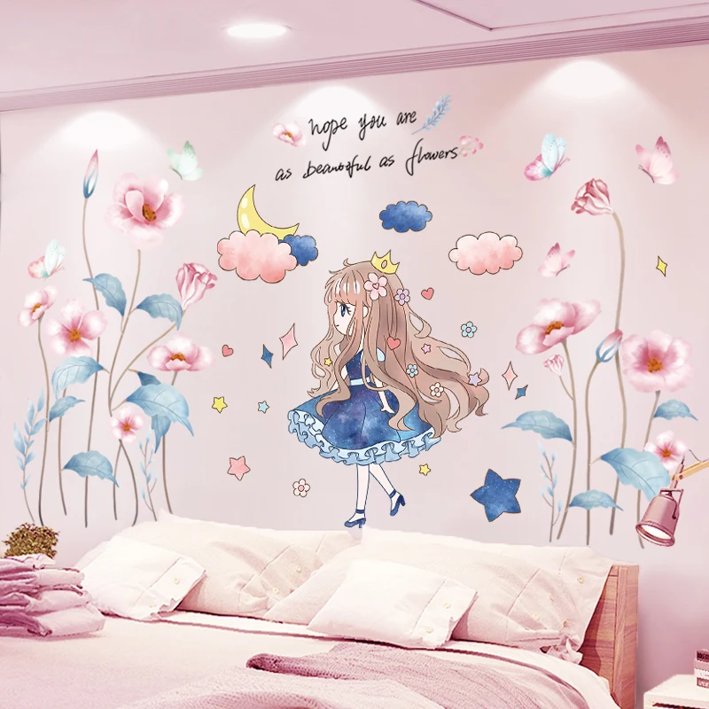 

[shijuekongjian] Cartoon Girl Wall Stickers DIY Flowers Plant Wall Decals for Living Room Kids Bedroom Kitchen Home Decoration
