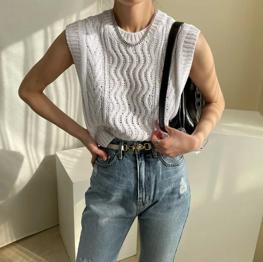 

Korejpaa Women Vest 2021 Spring Autumn Korean Chic Girls Casual Round Neck Candy Linen Pattern Design Sleeveless Knitted Vests