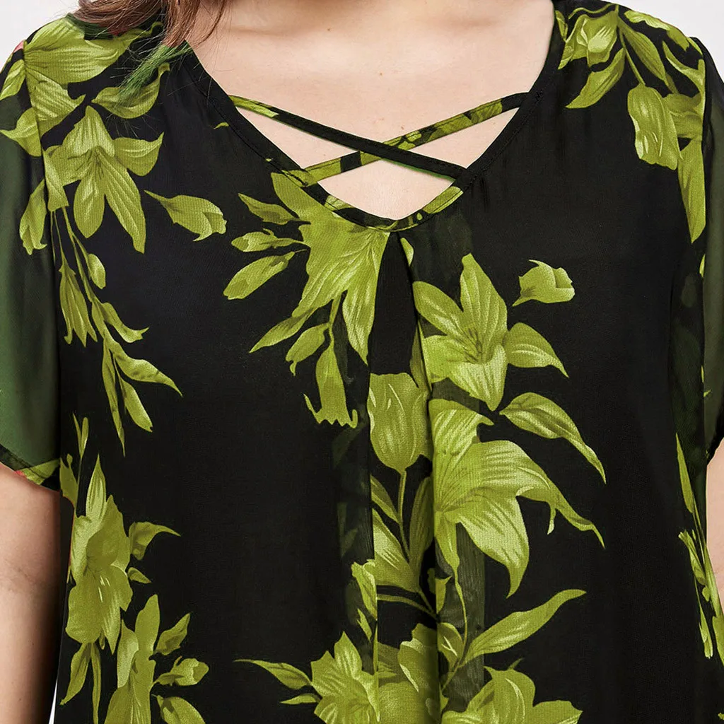 Double Chiffon Print Blouse Women Short Sleeve Loose Shirt Tops Plus Size Bluzka Damska Blouses Camisa Feminina | Женская одежда