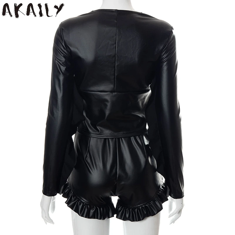 

Akaily Summer Sexy Leather Slim 2 Two Piece Sets Womens Club Outfits Black Pu Long Sleeve Crop Top Skinny Ruffles Shorts Sets
