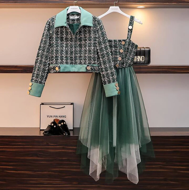 Брендовое подиумное зеленое клетчатое твидовое короткое пальто на молнии