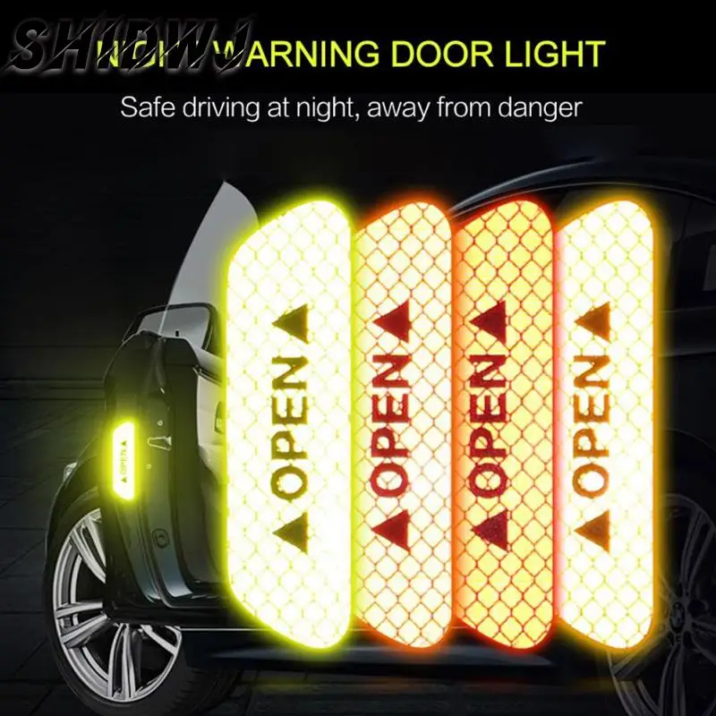 

4Pcs Car Door High Reflective Stickers Strips Tape Universal Safety Warning Mark OPEN Tips Anti-collision Stickers