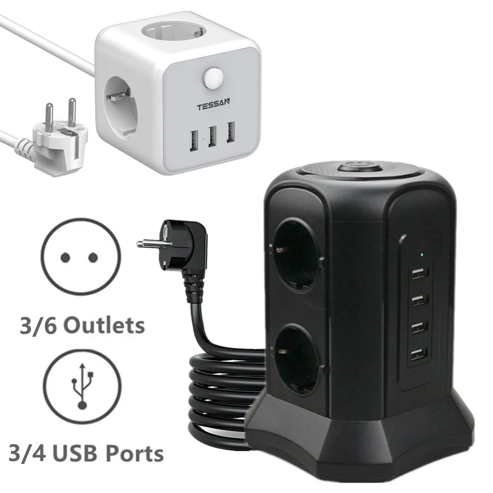 

TESSAN Tower Multiple Socket Power Strip with Switch 6 Slots and 4 USB Charging Ports Overload Protection EU Socket for Home, 2M