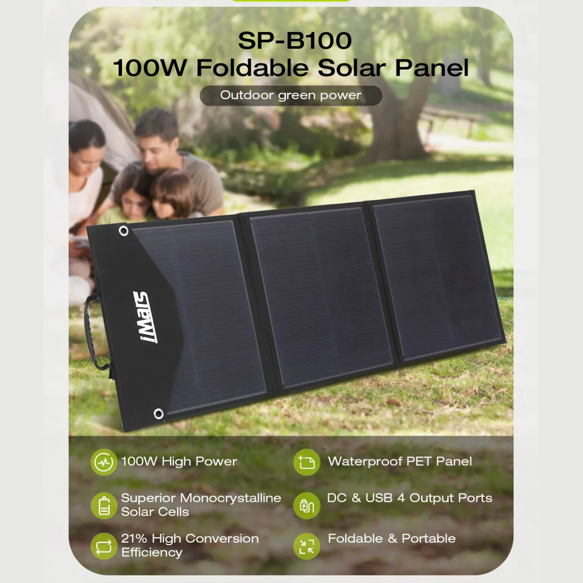 iMars 100W 19V Solar Panel Outdoor Waterproof Monocrystalline Solar Power Cell Battery Charger for Car Camping Travelling RV