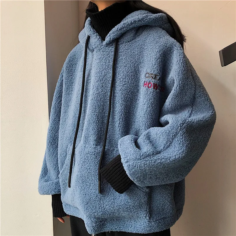 Корейский стиль instagram Harajuku винтажный овечьей шерсти с капюшоном Ulzzang женский