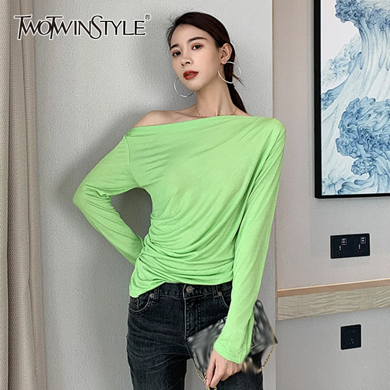 TWOTWINSTYLE Корейская женская футболка с одним плечом асимметричный воротник длинный