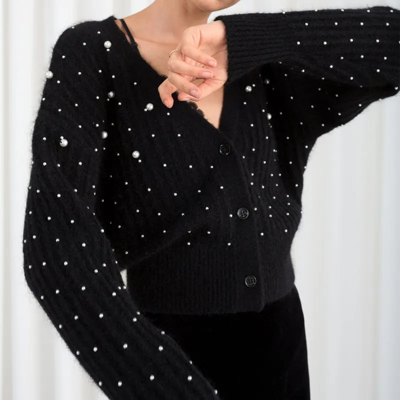 Женский однобортный свитер с жемчужными украшениями Свободный вязаный кардиган