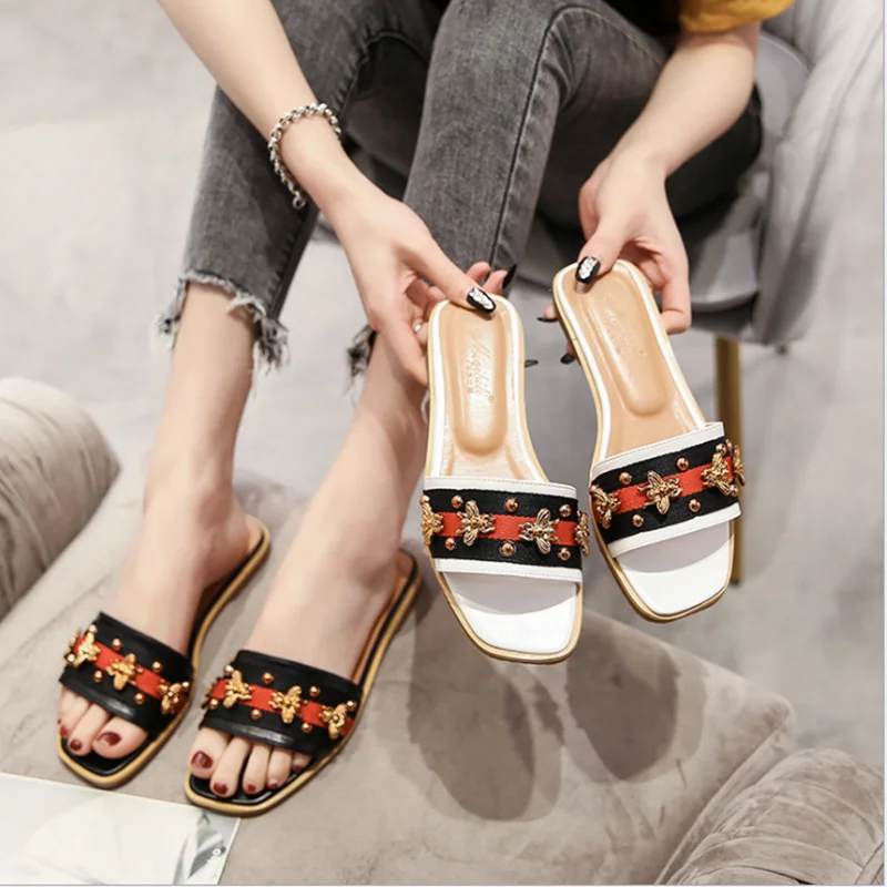 Женские шлепанцы Обувь на плоской подошве пляжные сандалии из натуральной кожи