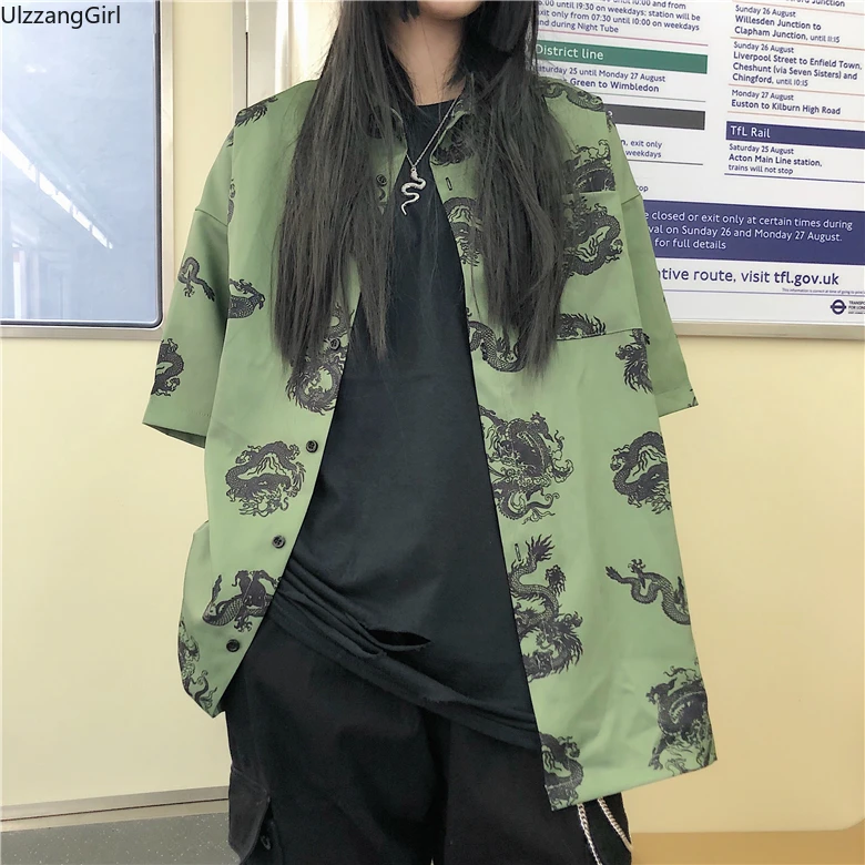 Harajuku/Модная уличная Корейская женская блузка с принтом дракона, коротким рукавом, пуговицами и отложным воротником, топ, рубашка, Винтажная футболка с готическим рисунком