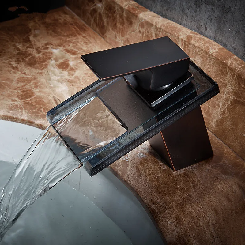 

Bathroom Waterfall Faucet Gold Glass Brass Black Basin Sink Faucet Deck Mounted Mixer Taps Hot and Cold Water Tap High Qunality