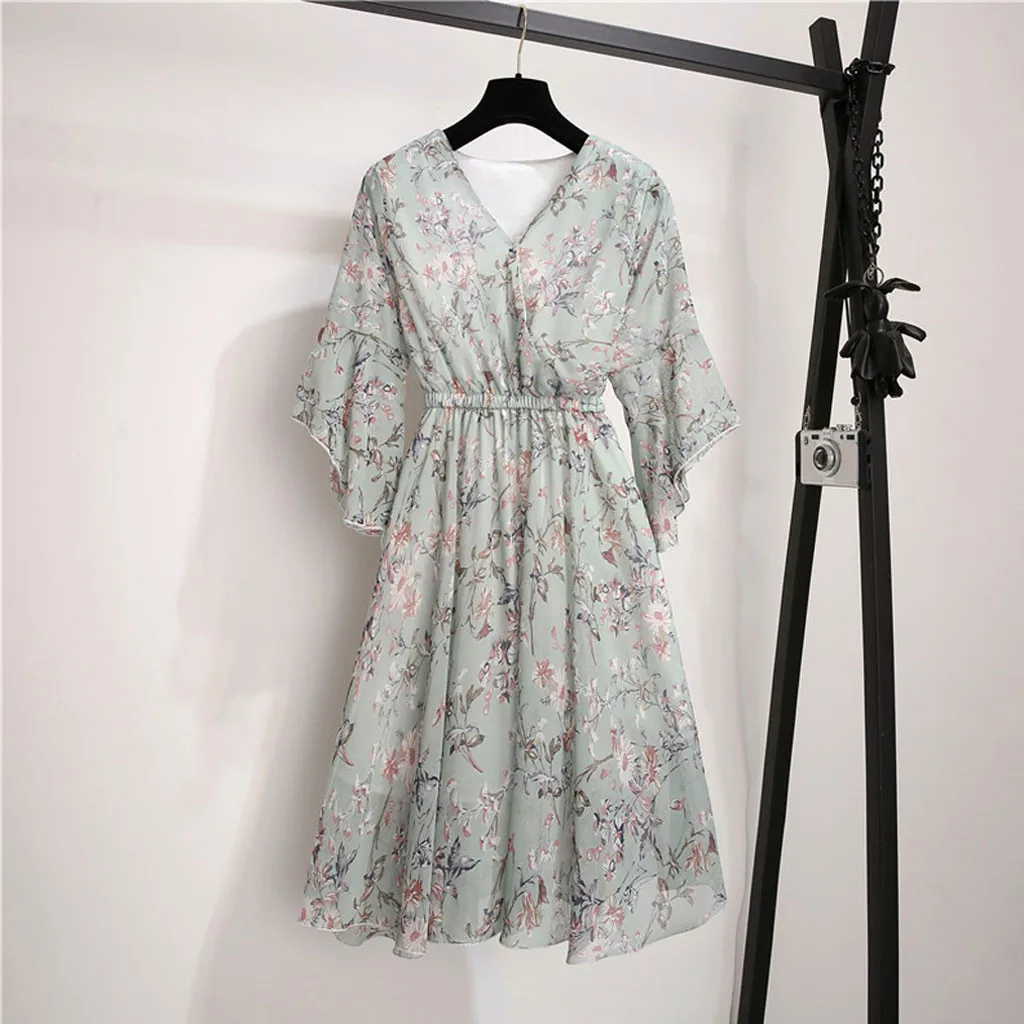 SAGACE Dress Women Casual Floral Printed A-Line Chiffon V-Neck Summer Holiday Elastic Waist Bandage Lady | Женская одежда