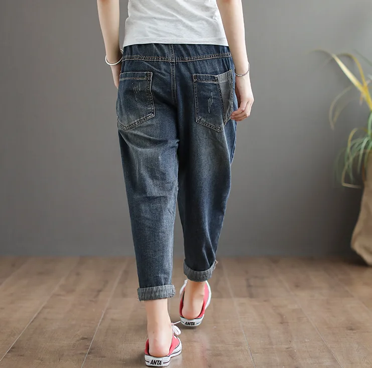 Autumn Spring Women Jeans 2019 Thin Denim Loose Harem Pockets Elastic Waist Vintage Casual Pants YoYiKamomo | Женская одежда