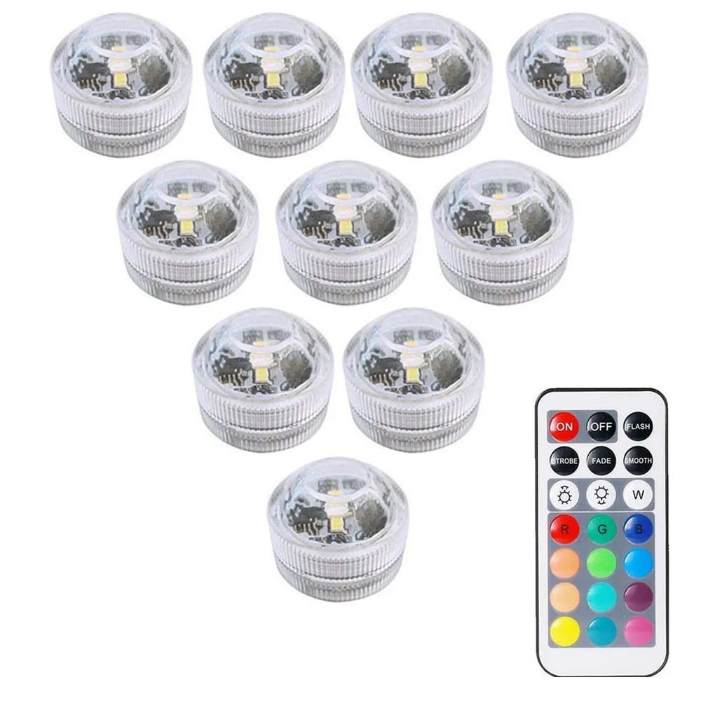 

Погружной светодиодный RGB светильник, 10 шт., на батарейках, водонепроницаемая подводная лампа для плавания, вазы, свадьбы, вечеринки, ночник