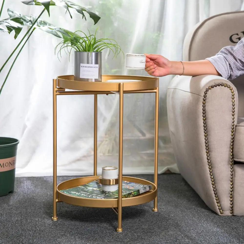 

Luxury Golden Coffee Table Iron Round Double-layer Coffee Corner Table Living Room Table Desk Sofa Side Low Table ,table basse