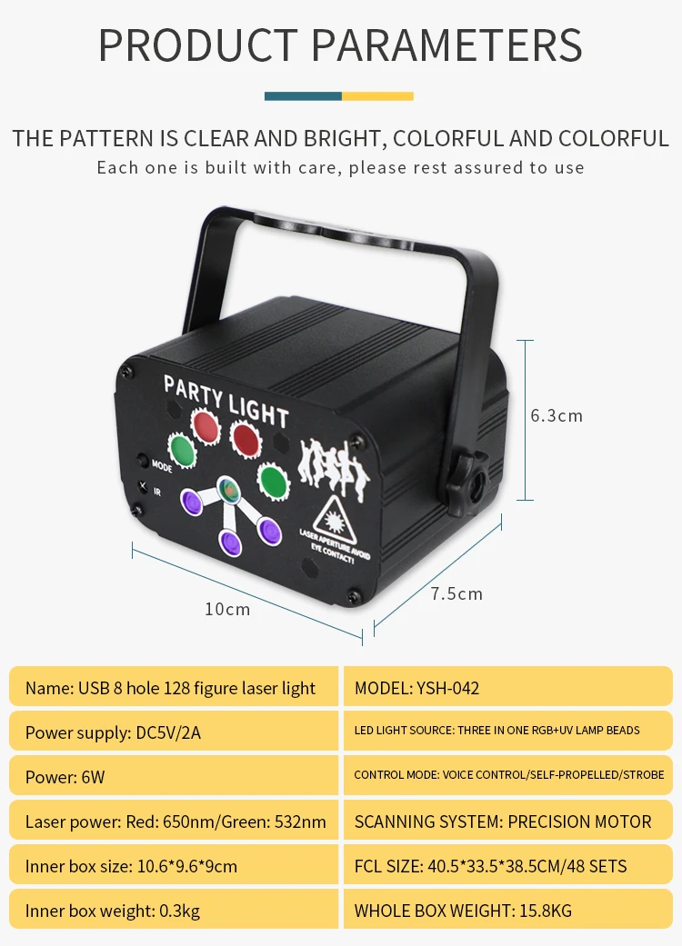 

Hongcui 8 Hole 128 Figure Laser Light Stage Lamp Projection Flashlight USB Plug with Remote Control for Bar KTV