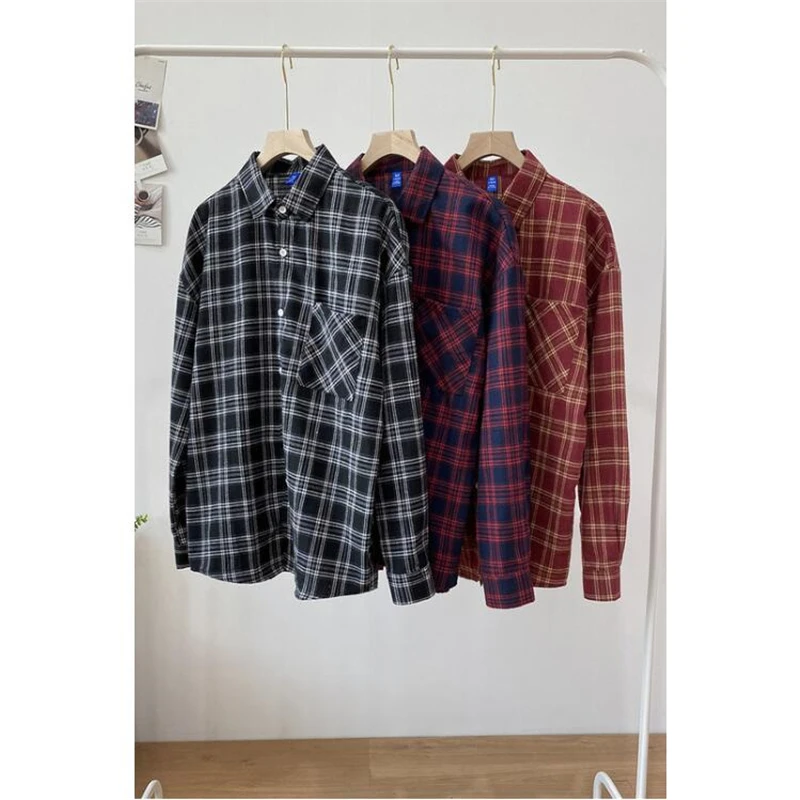 

New Arrival Korean Style Plaid Fashion Loose Long Sleeve Shirt Men Spring 2021 Quality Soft Smooth Luxury Camisa Masculina S-XXL