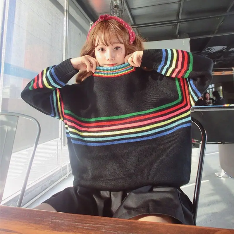 

Пуловер женский в радужную полоску, Свободный Повседневный джемпер в стиле преппи с круглым вырезом, универсальный джемпер с длинным рукав...