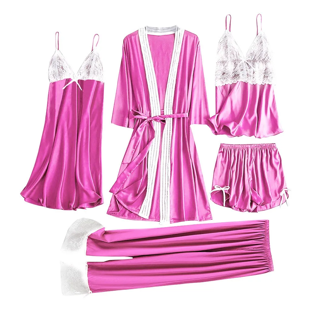 Женский атласный домашний костюм 5 шт. кружевная кофта брюки шорты ночная рубашка