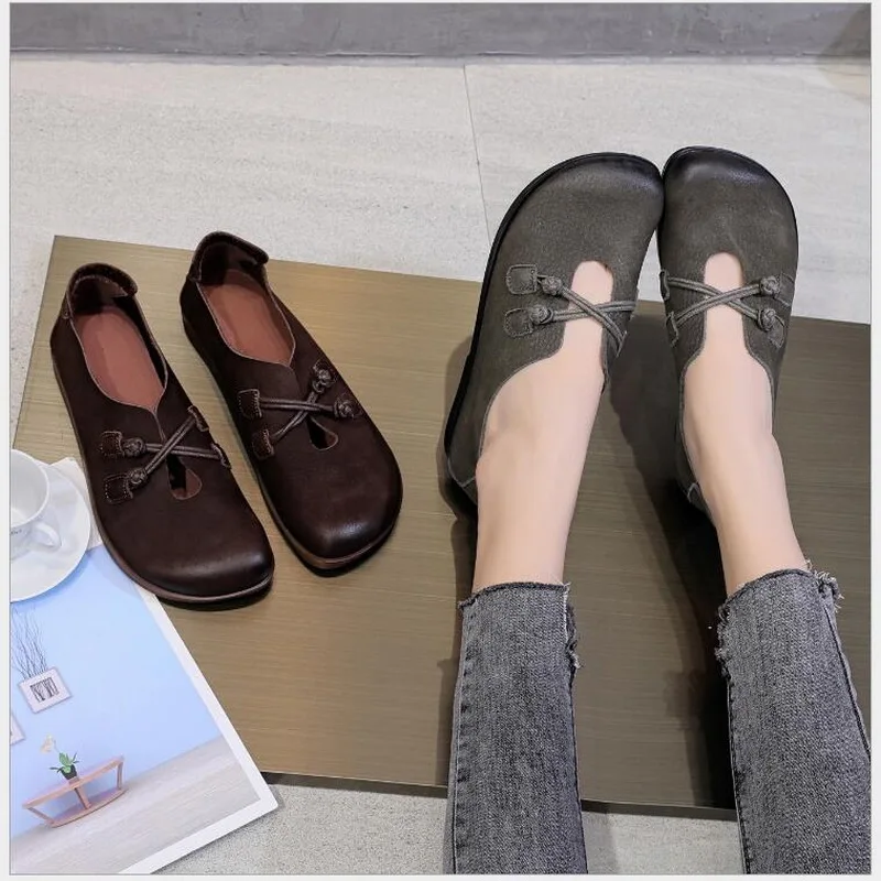 2020 New Autumn Flats Women Shoes Retro Genuine Leather Round Toe Casual Ladies Shoes soft soles top layer cowhide driving shoes